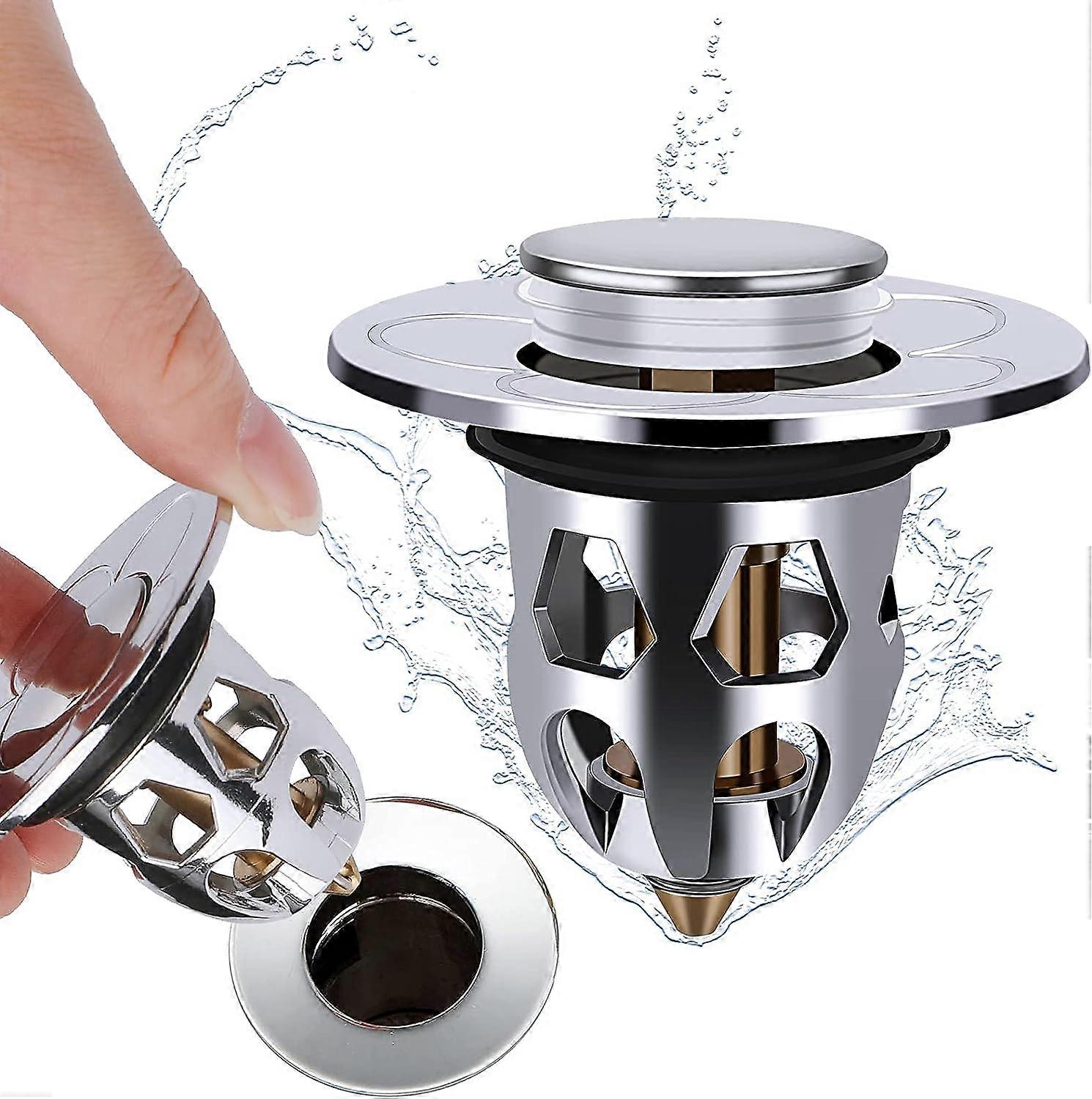Set of 2 sink plugs, pop up, for washbasin, bathtub, with sieve/anti-clogging filter, for kitchen (34 to 40 mm)