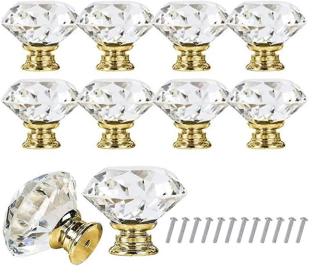 10pc 30mm Diamond Glass Crystal Drawer Pulls Handles Knobs with Screws
