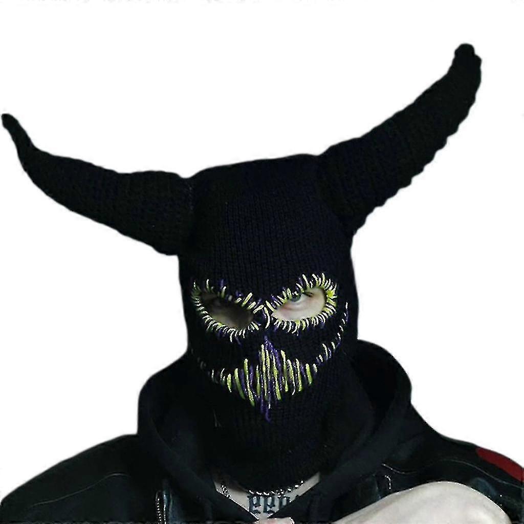 Women Knitted Caps With Devil Horns Halloween Horror Beanie Ski Mask For Men