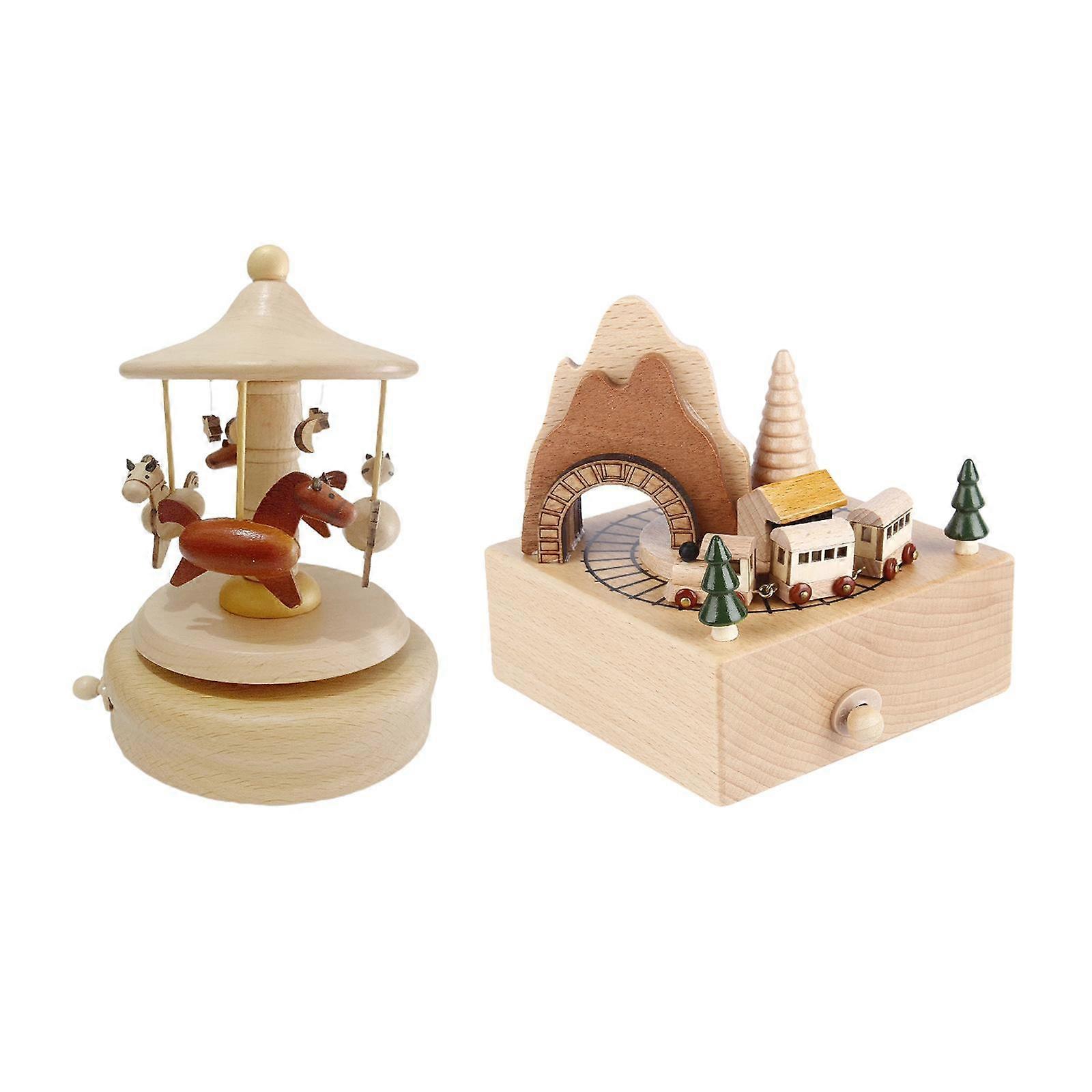 クラシックなゼンマイ式木製オルゴール2個がメロディーを奏でます