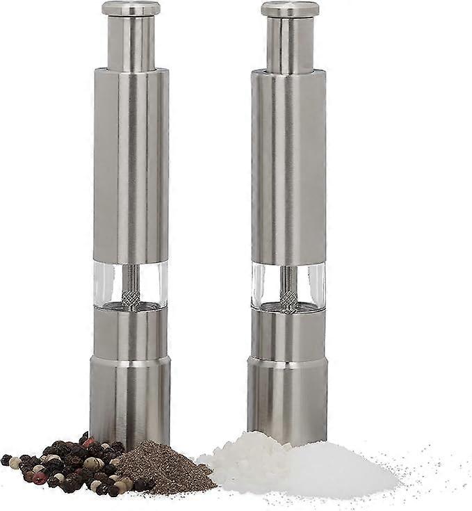 Pepper mill set of 2 manual, stainless steel, handy, spice grinders, for travel, on the go, with one push of a button, silver