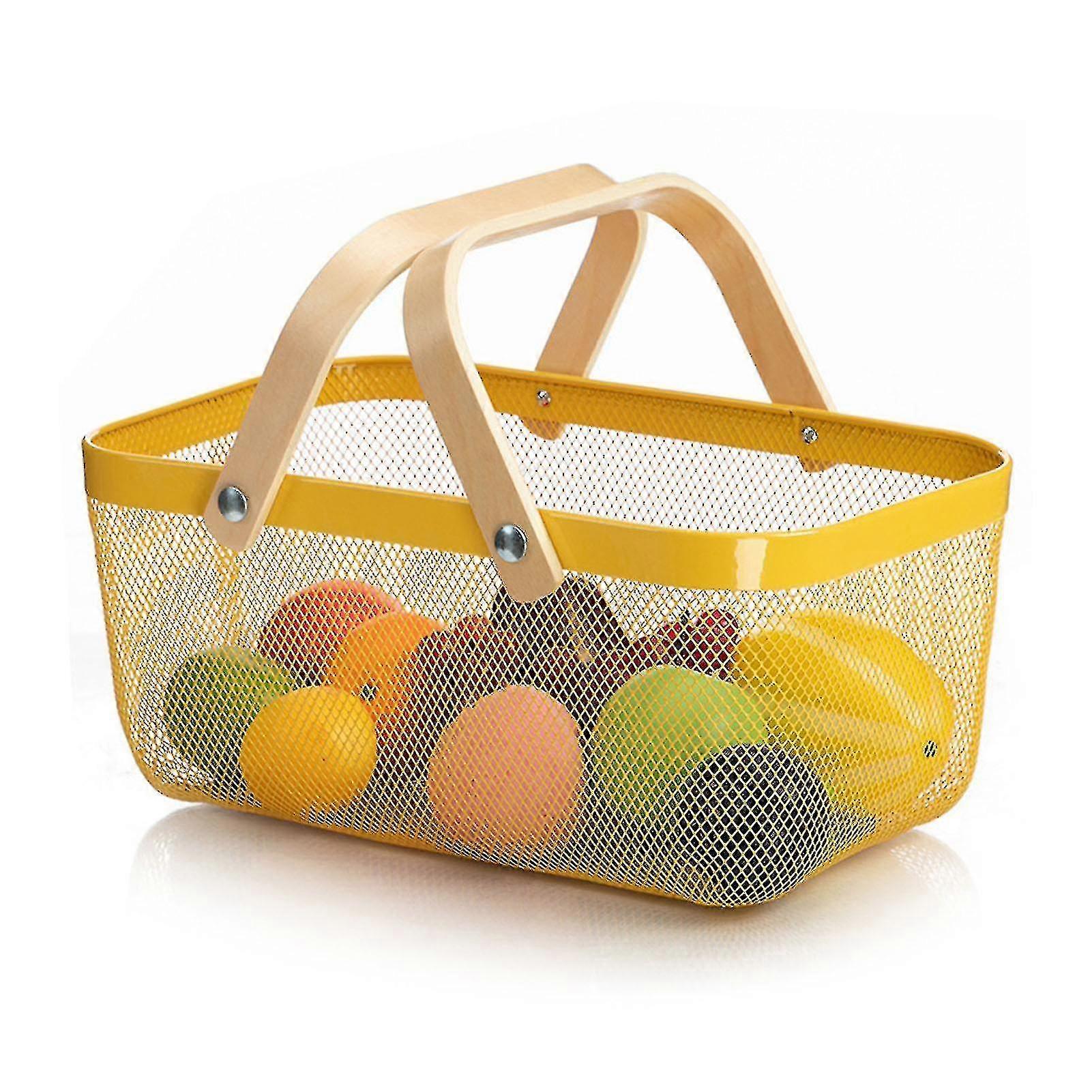 Metal Rectangular Shopping Basket Small Basket Vegetable And Fruit Wooden Handle