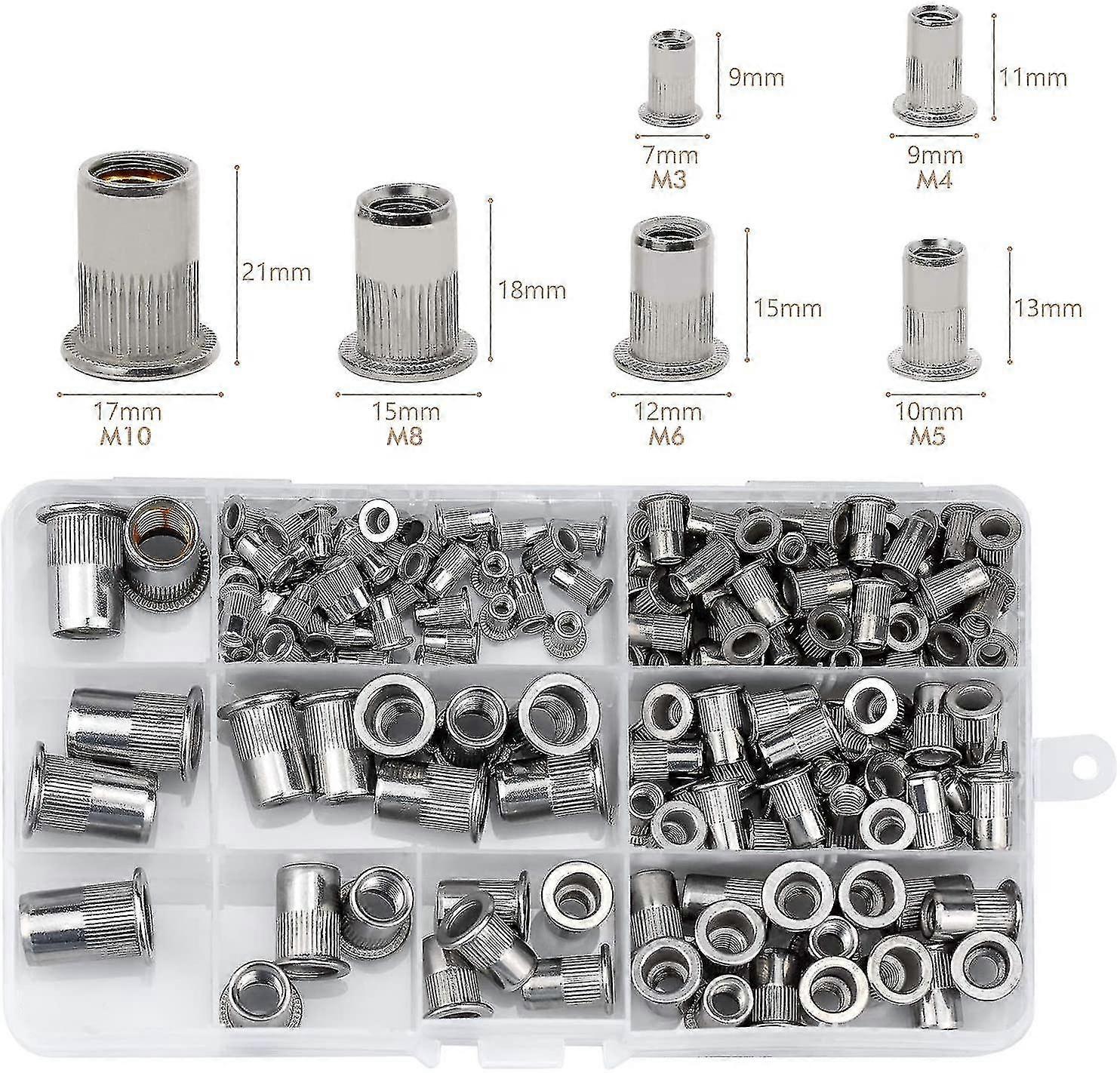Rustfritt stål nagle mutter, mutter verktøy flat gjenget headsilver165pcs