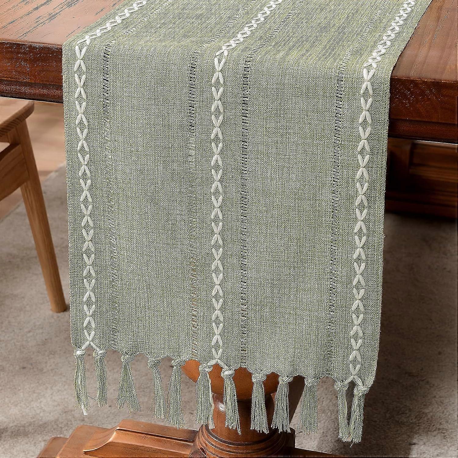 Rustic Tassel Table Runner, Farmhouse Table Runner 72 Inches Long with Tassels(Green)