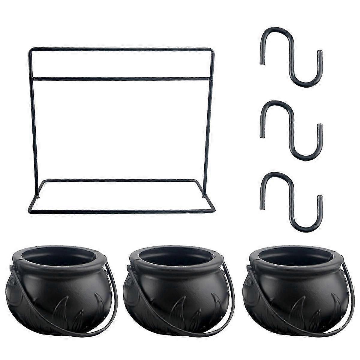 3pcs Halloween Witch Cauldron Candy Bowl Cauldron Serving Bowls With Halloween Cauldron On Rack And 3pcs Hook