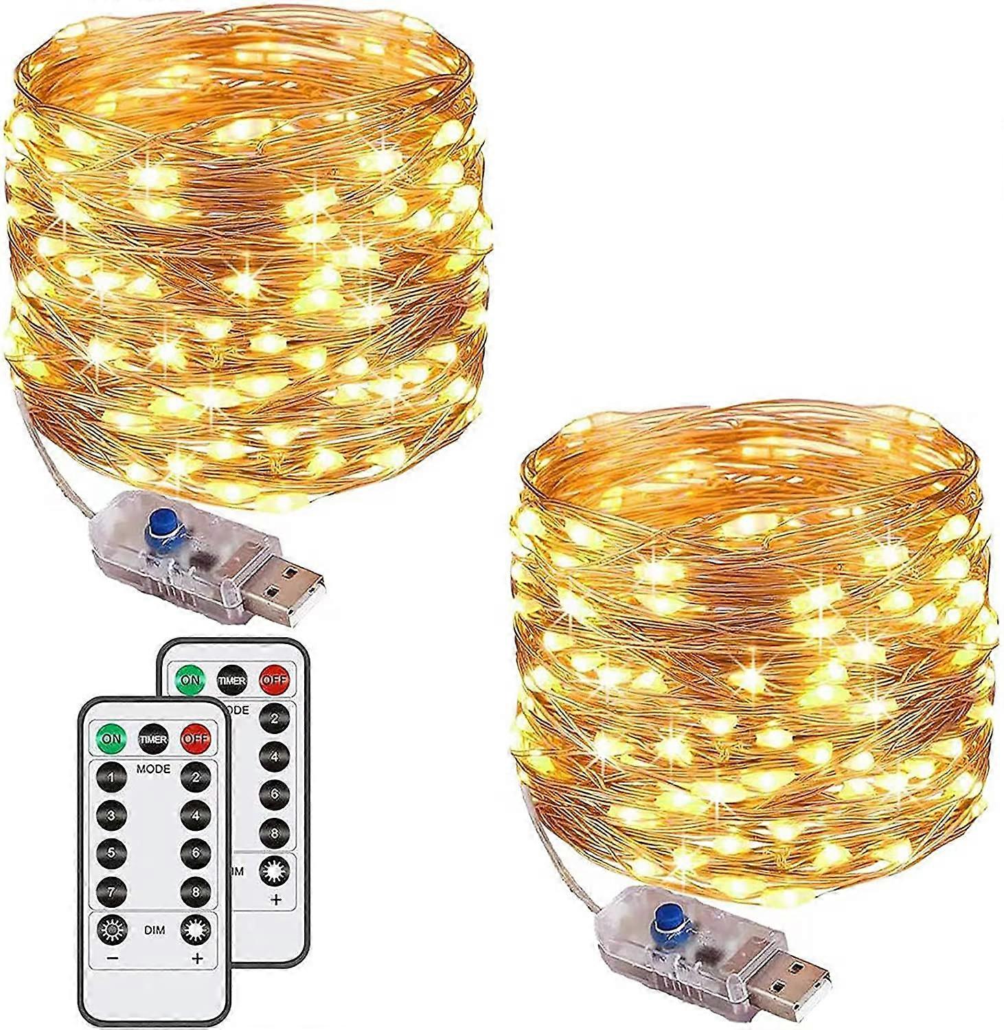 [2 Pack]100 LED 12M 8 Modes USB Powered Lights IP65 Copper String Lights with Remote Timer(Warm White)