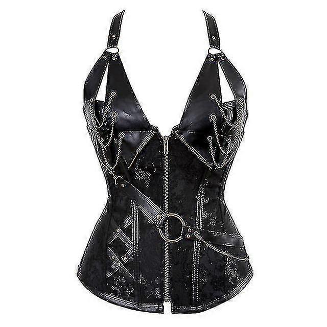 スチームパンクコルセットドレス女性ゴシックフェイクレザーコルセット非対称レーススカートセットS-6xl