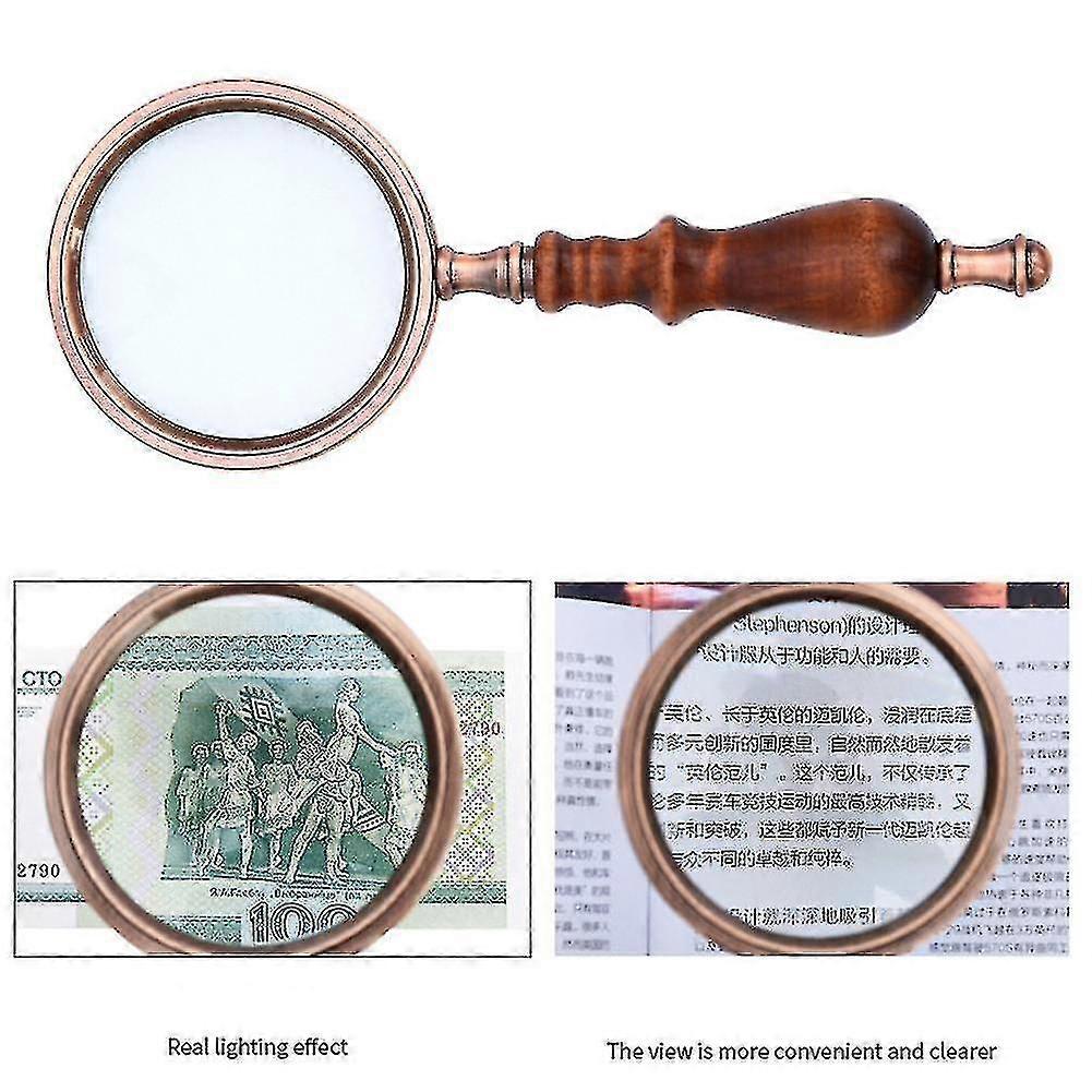10x Magnifying Glass Retro Handheld Magnifier Wooden Handle Optical Glass