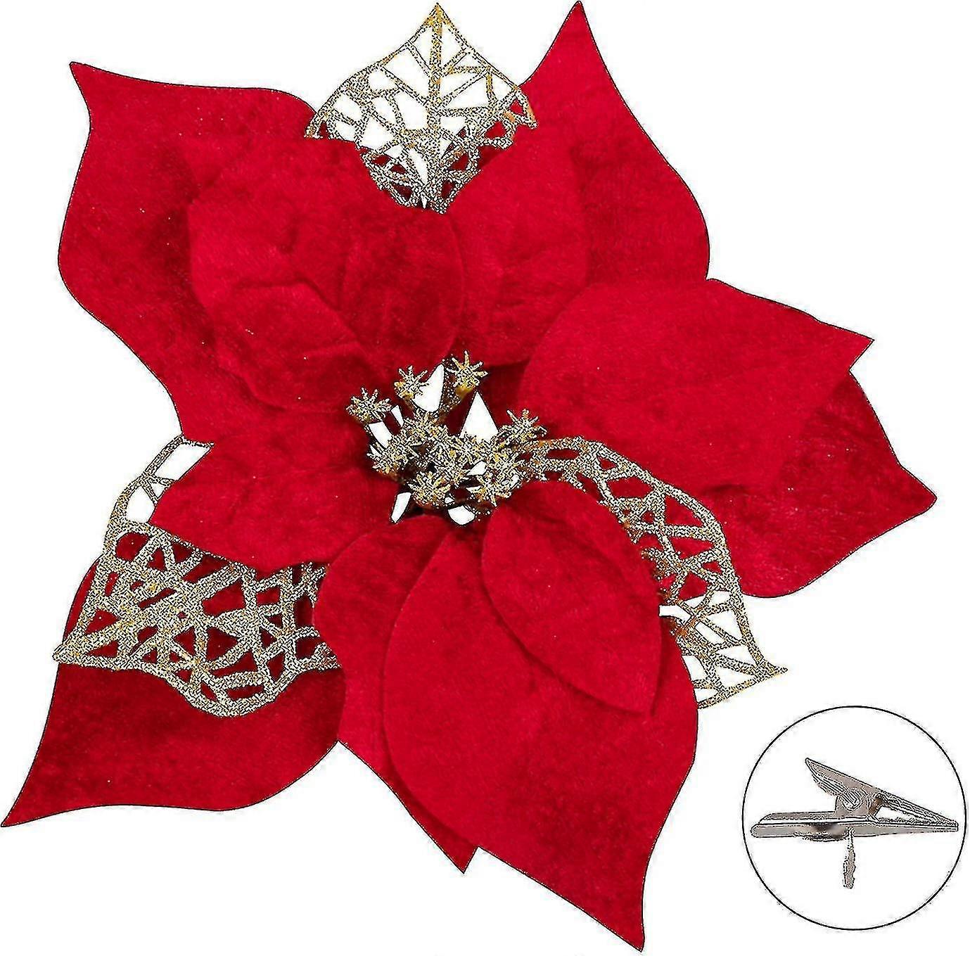 15 Pieces Poinsettia Artificial Christmas Flowers Decorations Xmas Tree Ornaments Red Glitter Gold With Clips