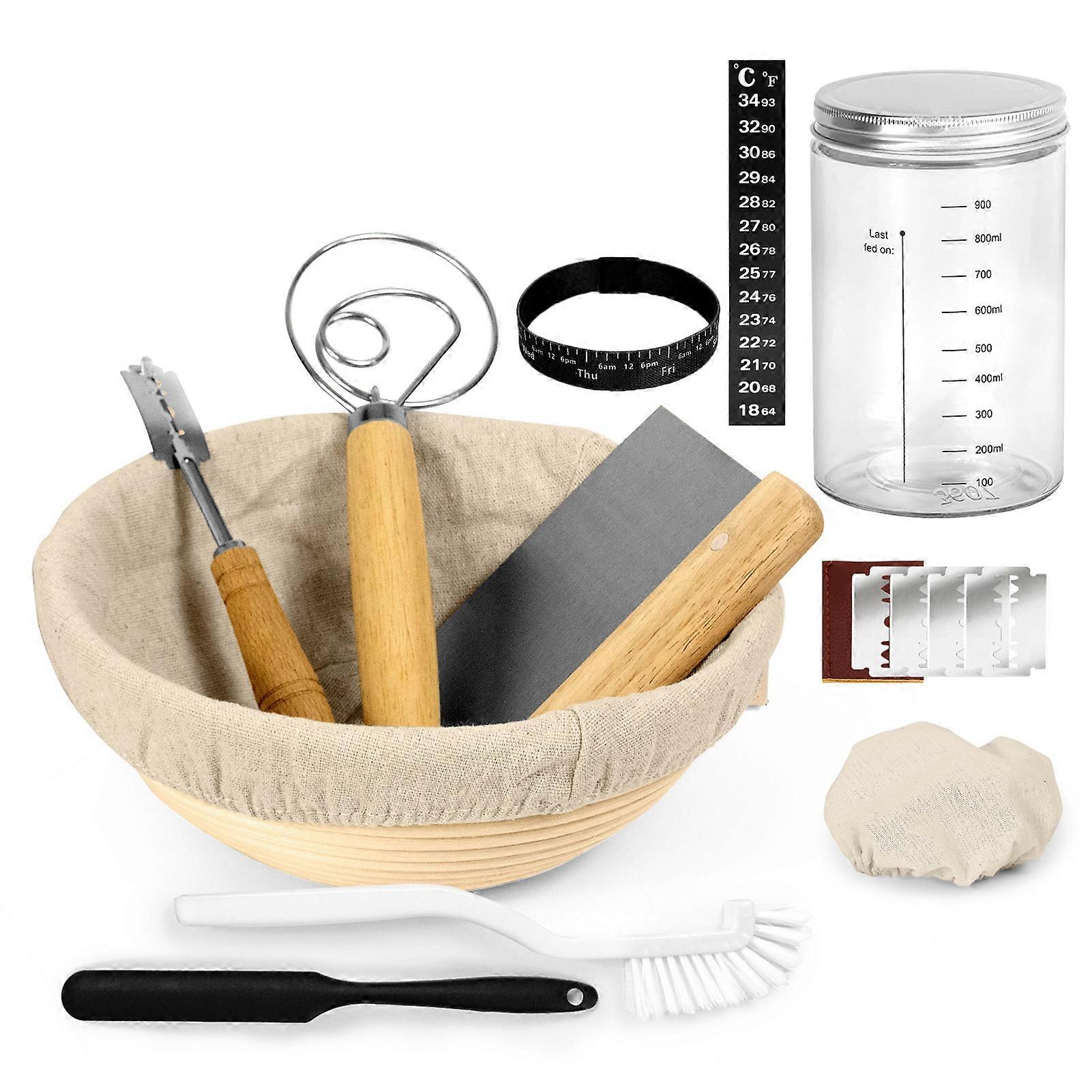 Sourdough Starter Kit with Linen Liner Cover Temperature Marking Tape Scraper Cleaning Brush Spatula Mixer Blades Scraper Glass Jar Bread Baking Suppl