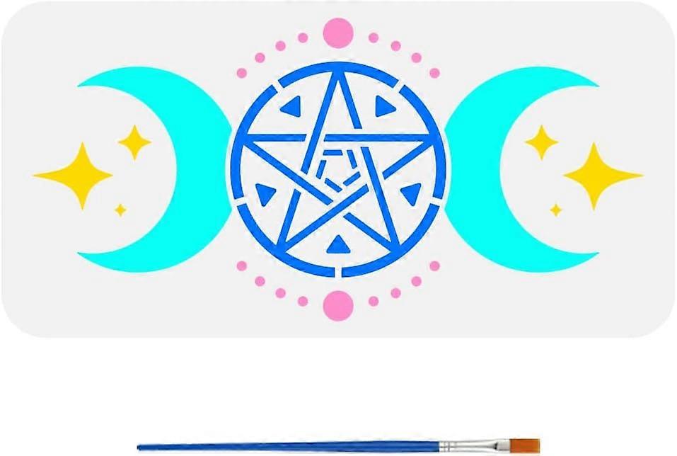 Triple Moon Painting Stencil with 1Pc Plastic Paint Brush 11.8x5.9inch Reusable Stars Pentagram Symbol Drawing Template for Painting on Wood Floor Wal
