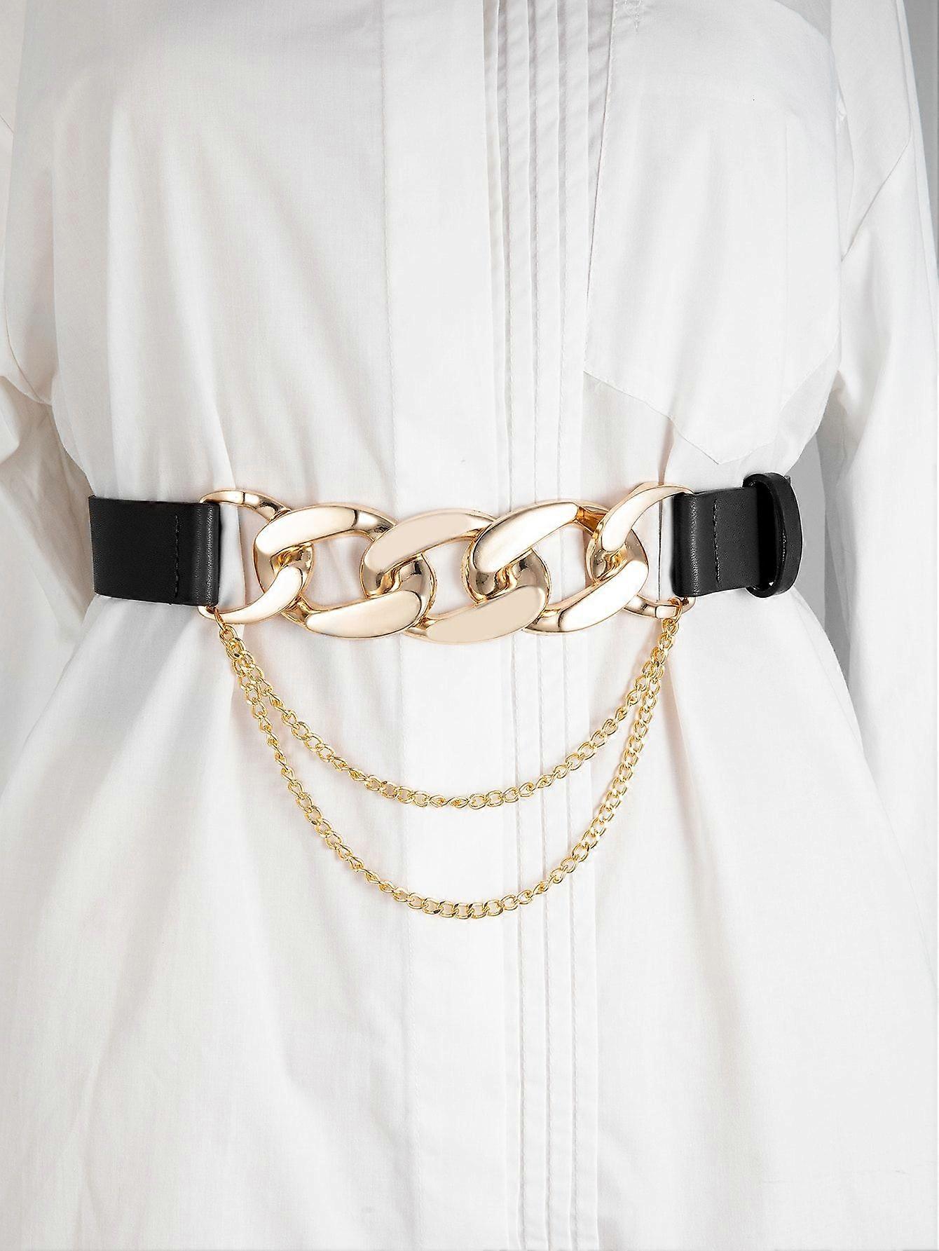 1pc Golden Elastic Stretchy Metal Buckle Metallic Crocodile Embossed Chain Decor Women Belt Girdle For Dress Party Halloween