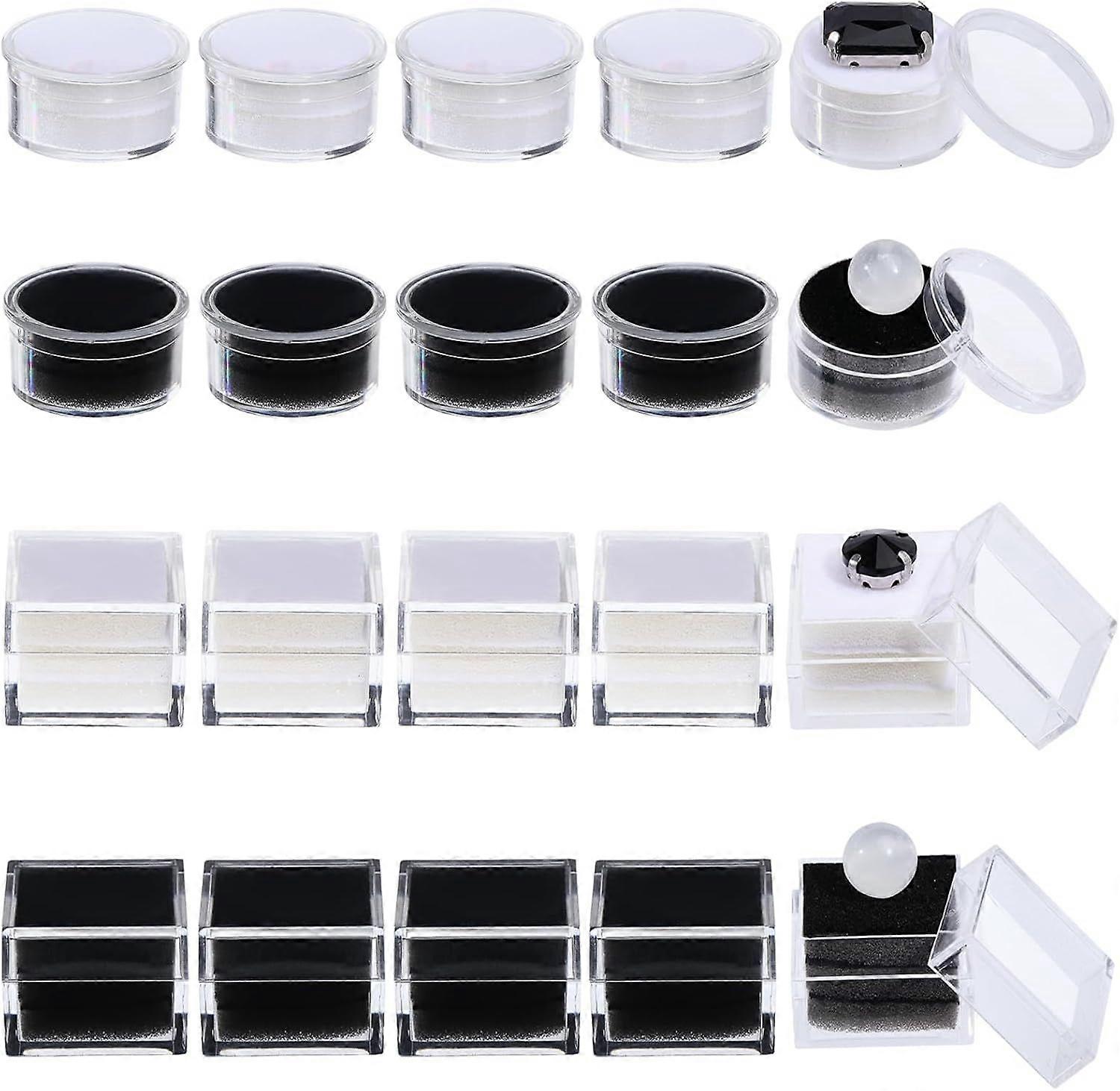 20PCS Gemstone Display Box Round and Square Diamond Gemstone Display Cases Transparent Acrylic Jewelry Show Box with Clear Top Lids and Sponge for Bar