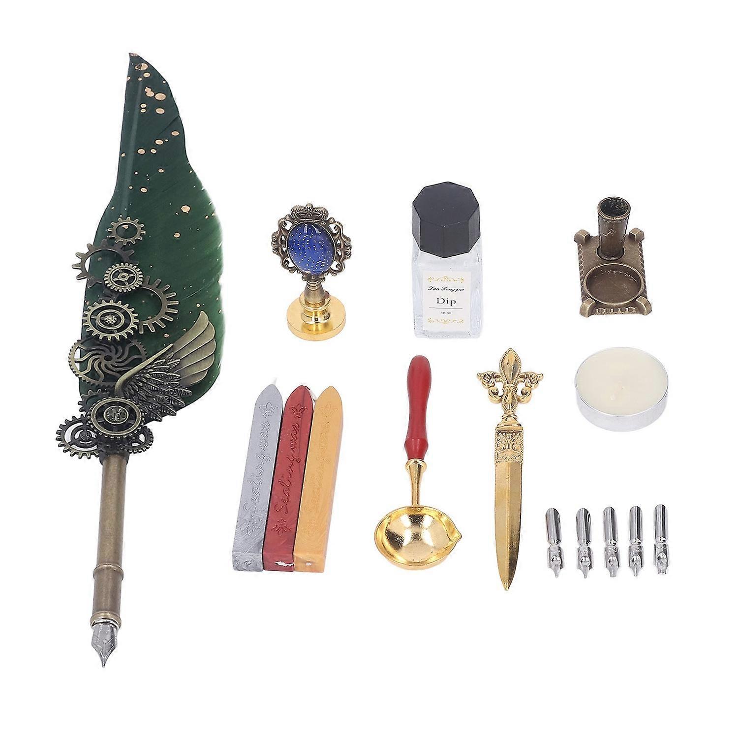 Feather Pen Set Retro Exquisite Fire Wax Feather Pen Tip Letter Opener Candle Base Stamp Quill Pen K