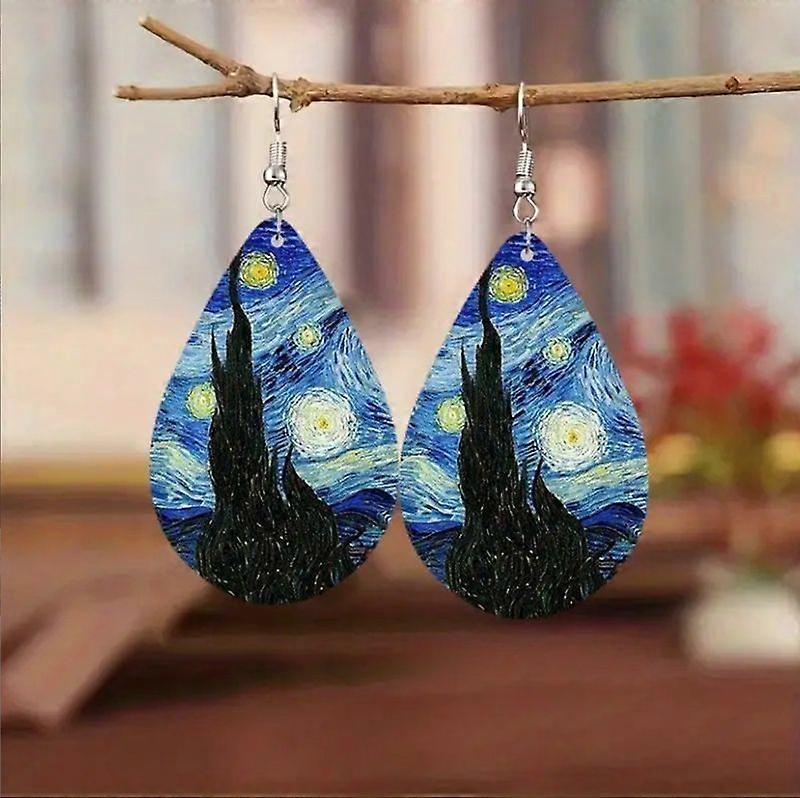 Van Gogh Starry Night Vintage Tree of Life Genuine Leather Dangle Earrings for Women Bohemian Style
