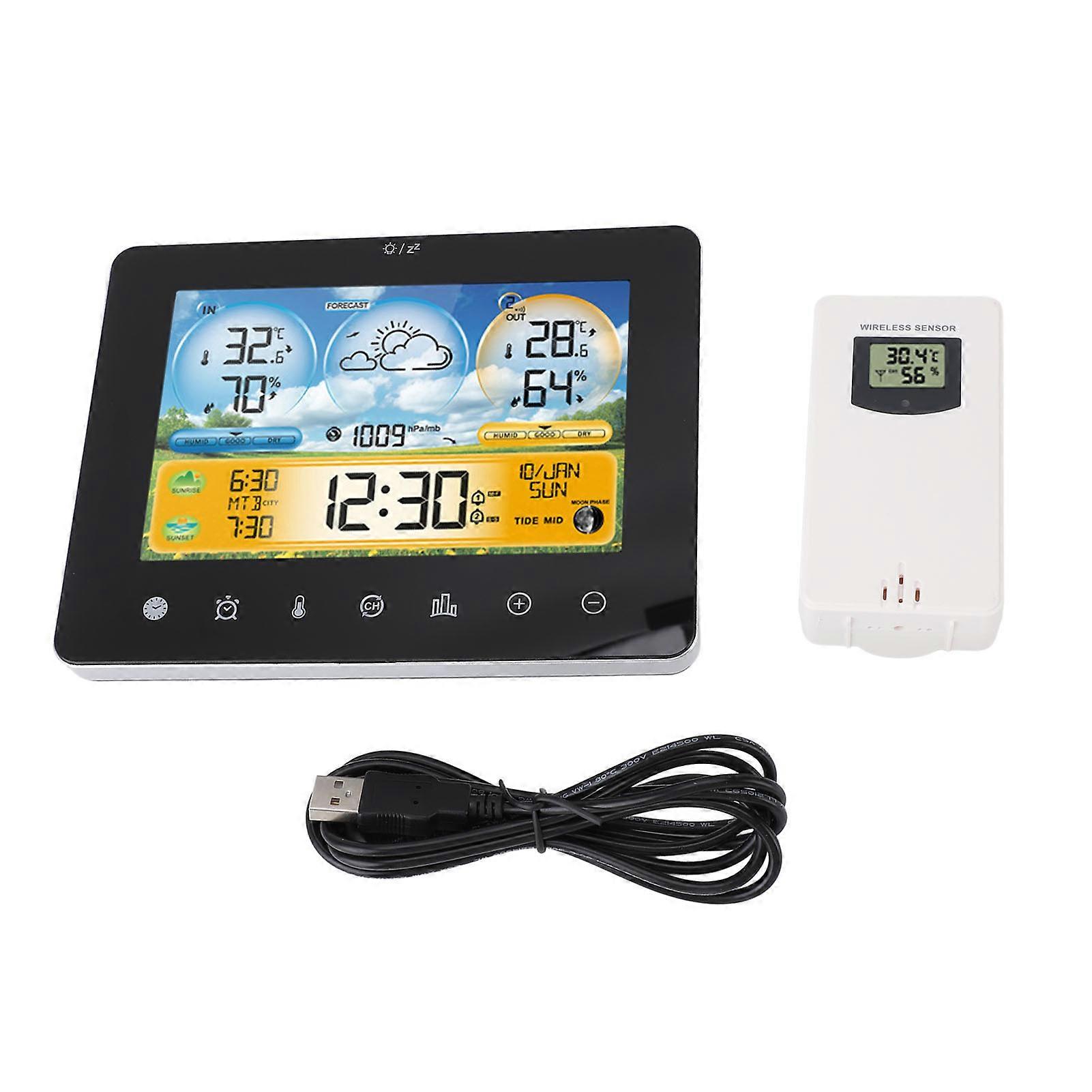 Wireless Weather Forecast Station with Digital Indoor Outdoor Touch Screen RF Sensor Hygrograph Clock Time Display