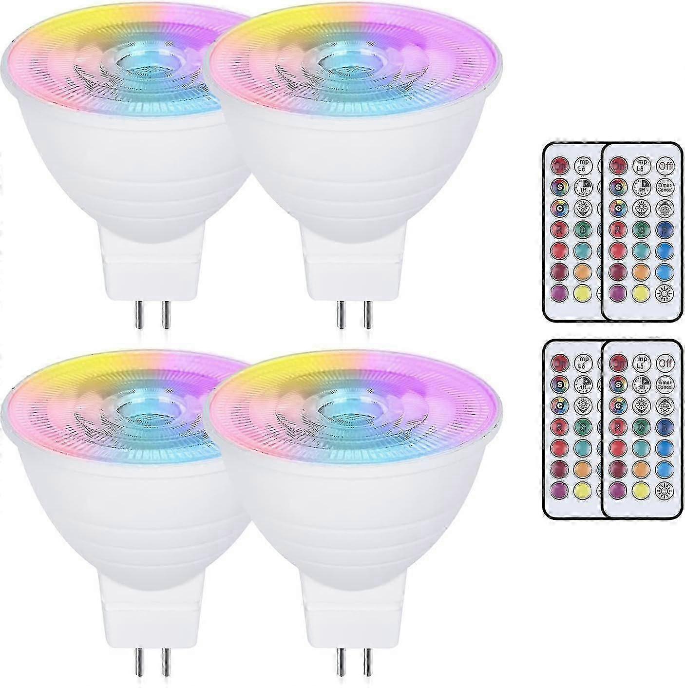 حزمة من 4 مصابيح LED MR16 3W متغيرة اللون Gu5.3 ، تيار متردد / تيار مستمر 220 فولت ، RGB قابل للتعتيم + أبيض دافئ 3000 كيلو ، مع عاكس للتحكم عن بعد