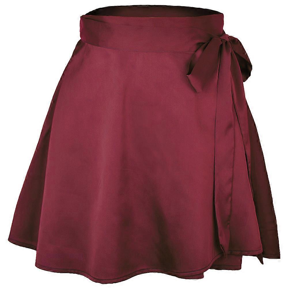 Femmes Taille haute Satin Cravate Wrap Couleur unie A-ligne Plissé Ourlet évasé Mini Jupe Vin rouge XL