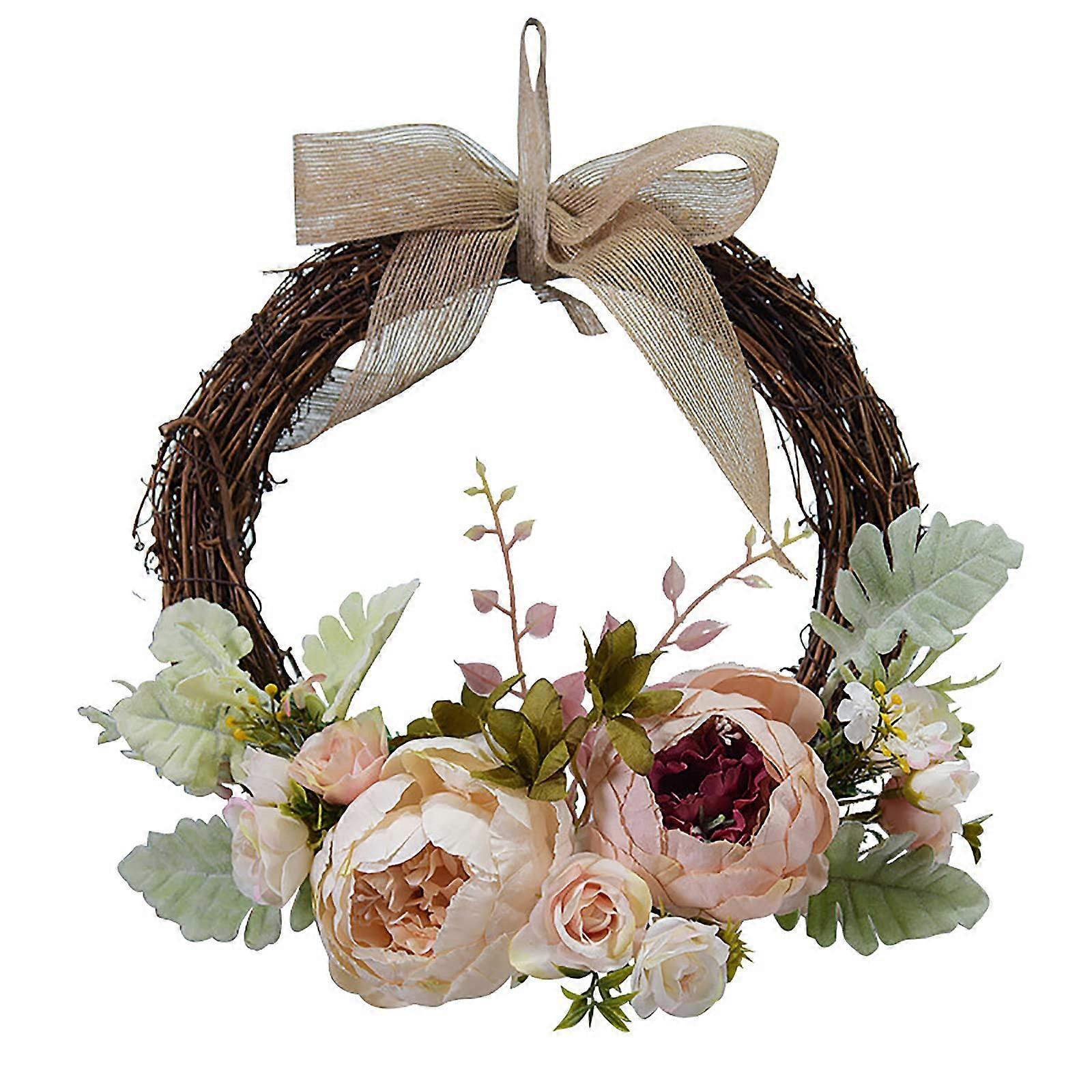 Artificial Peony Flower Wreath - 10-Inch Handmade Floral Spring Wreath with Eucalyptus and Green Leaves for Front Door Decor