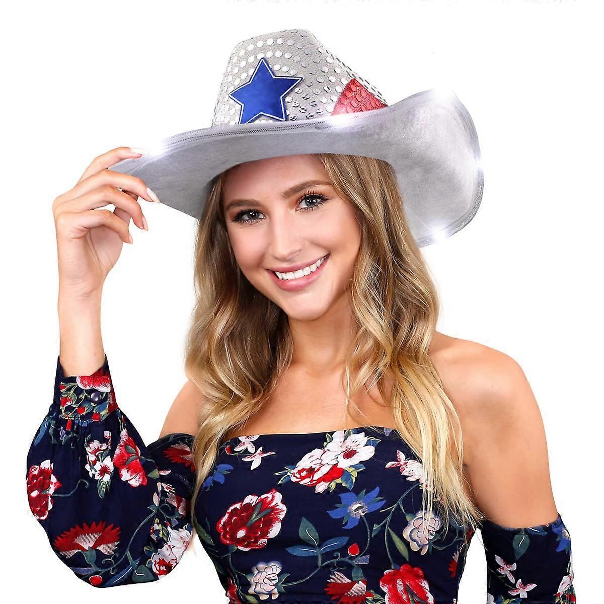 LED Cowboy Hat Light Up Red White And Blue Memul White LED