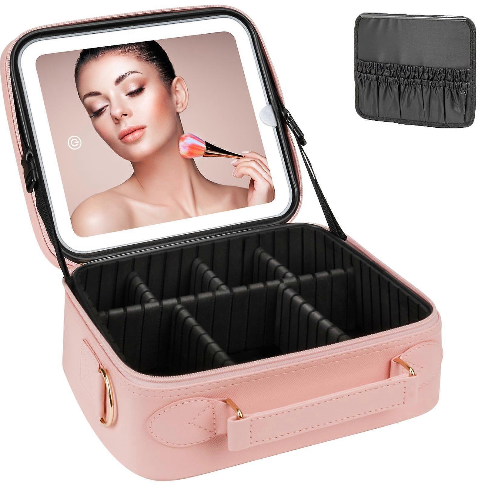 LED Mirror Makeup Bag With Charging LED Light, Brushes Included, Pink, 3 Color Options, Travel Friendly