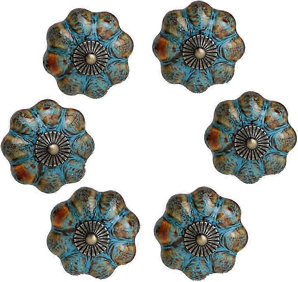 Ceramic Cabinet Knobs Set of 6, Pumpkin Shape Glazed Drawer Pulls for Cabinets, Cupboards, Bathrooms (Blue)