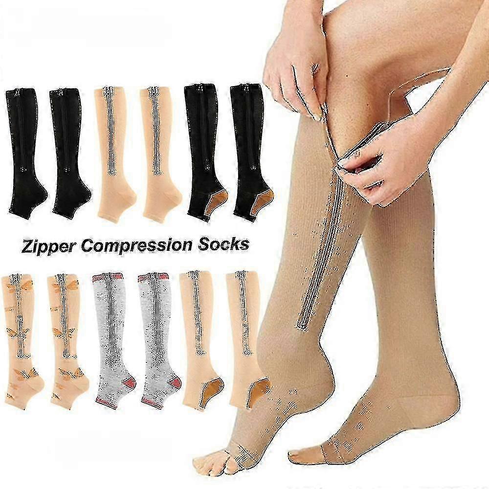 1 Pairs Zipper Compression Socks For Women Men, 15-20 Mmhg Open Toe Knee Support Socks For Varicose Vein Edema