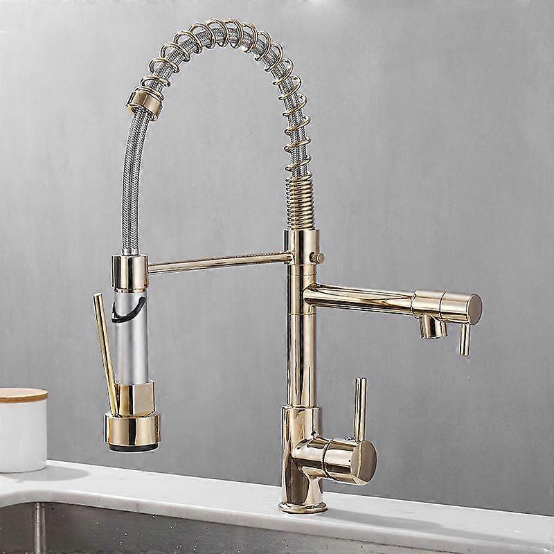 Luxury Single Hole Pull Out Spring Sprayer Dual Spout Kitchen Faucet Solid Brass in Gold