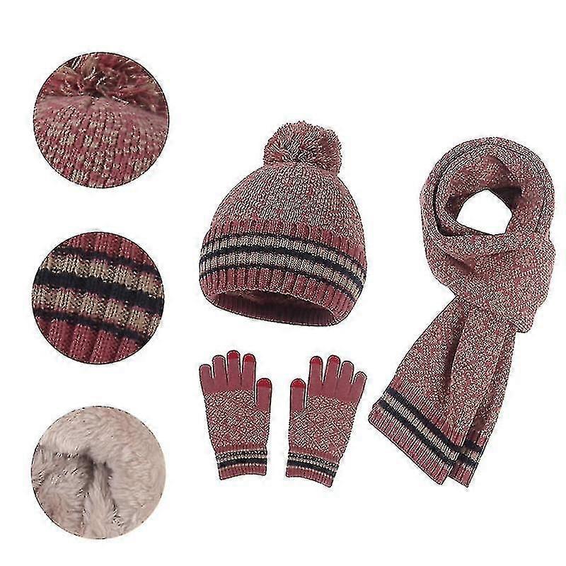 Women\'s Snowflake Print Beanie Hat Scarf Touch Screen Gloves Set with Pom MS.ING Winter Hat Scarf Gloves Set for Women Fleece Lined  main image 4
