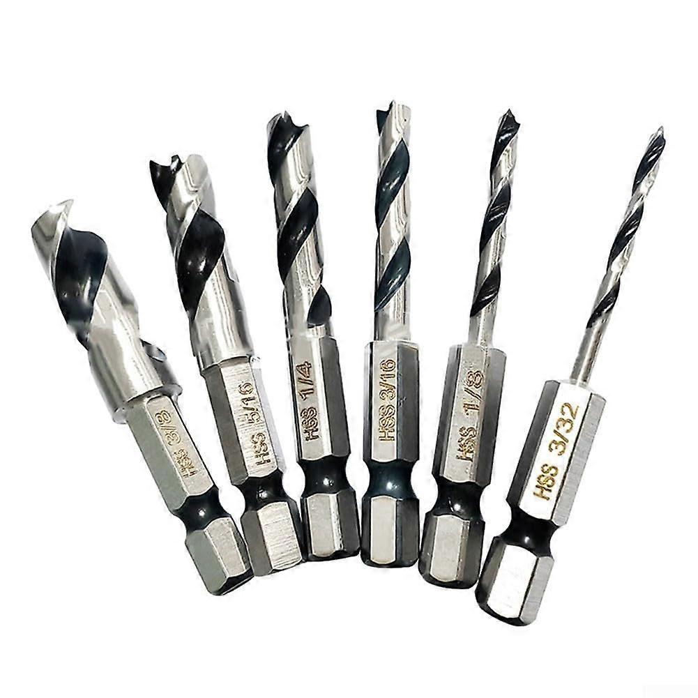 High-Speed Steel Wood Drill Bit Set, 6-Piece Hex Shank, Quick Change Tools, Sizes 3/32 to 3/8 Inch for Woodworking Projects