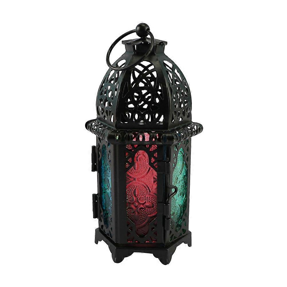 Tea Light Holders Hollow Iron Candle Lantern Colorful Glass Wedding Centerpieces Hanging 2Pcs Black