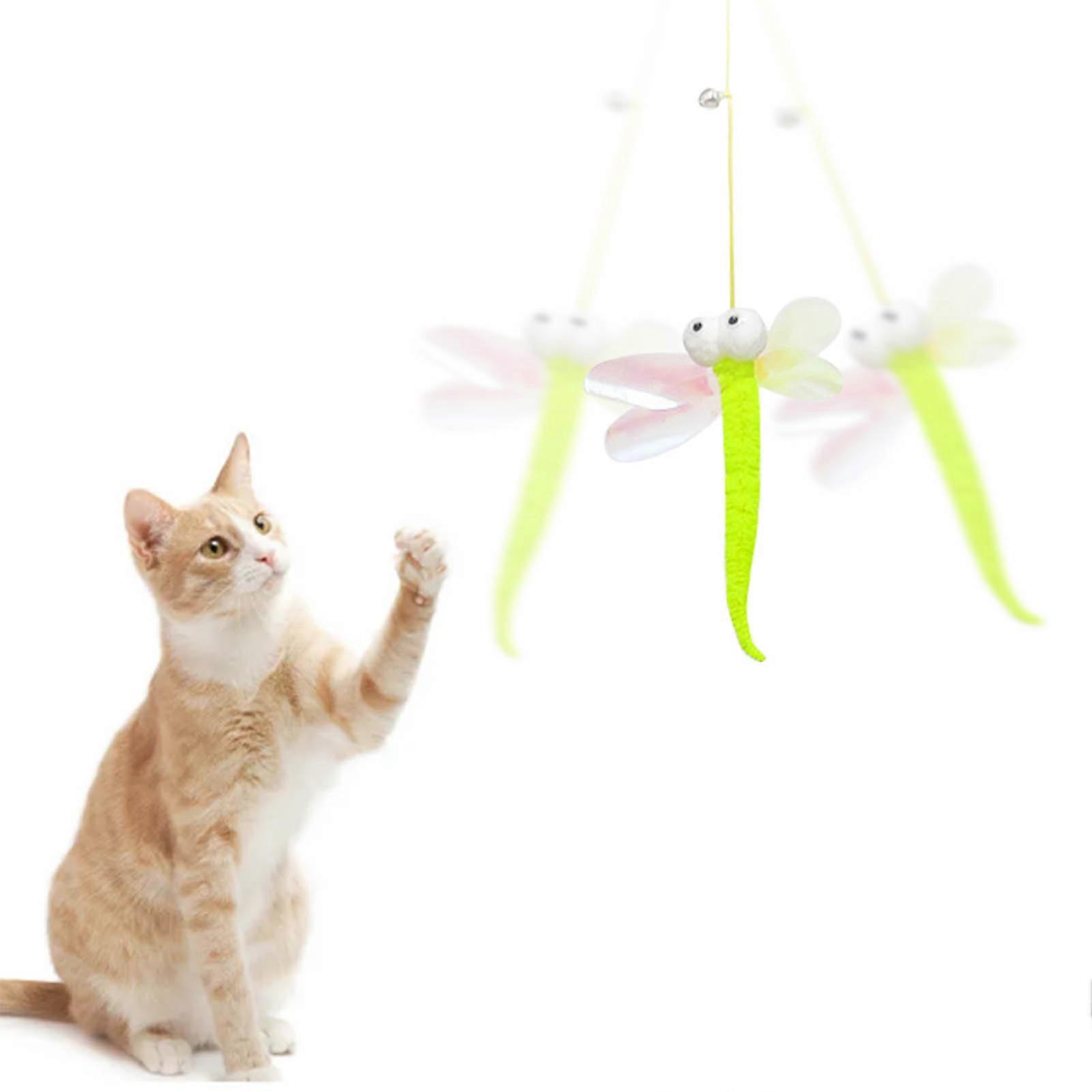 Self Play Hanging Door Cat Toy Dragonfly Shape Retractable Cat Teasing Toy with Elastic Rope Ringing Bell for Kitten 