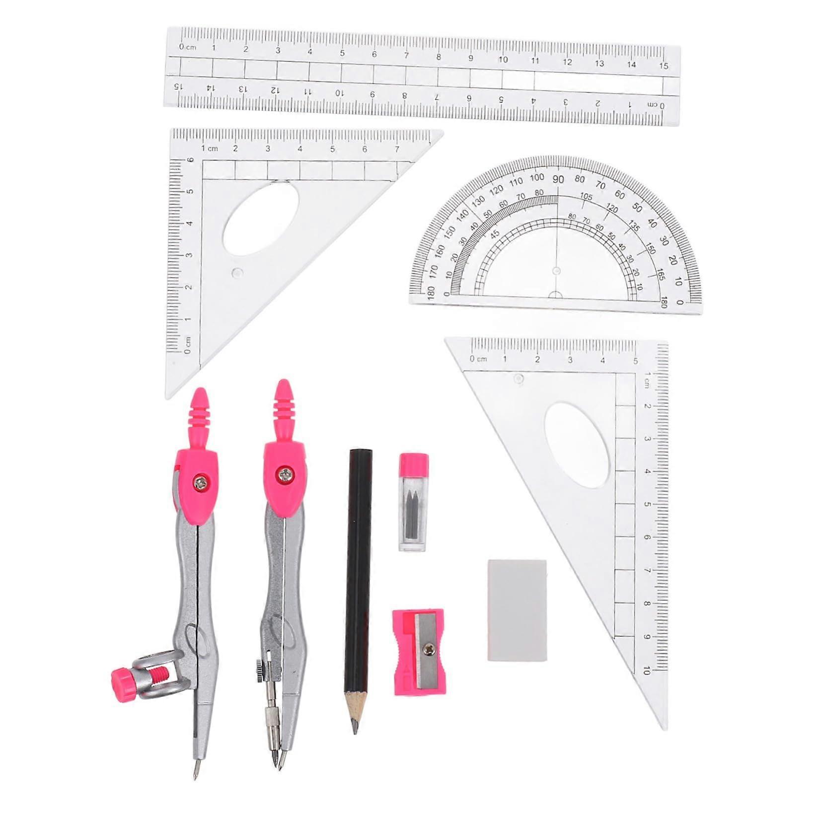 Rosy Plastic Pink Small Ruler Protractor Compass Geometry Toolkit