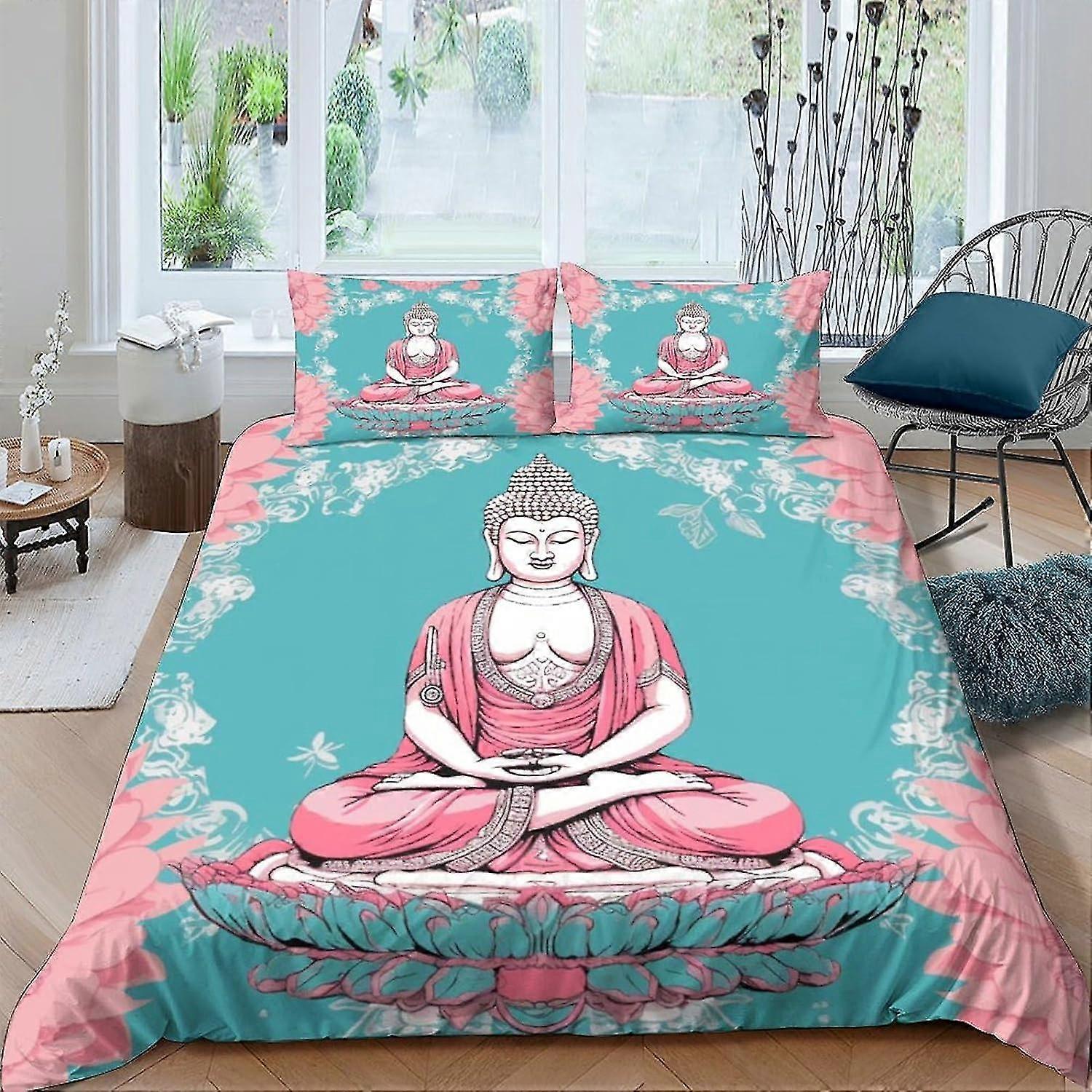 Buddha Design Duvet Cover Microfiber Bedding Set, 3D Print Buddhist Duvet Quilt Cover & Pillowcase, Zipper Closure, Soft for All Ages