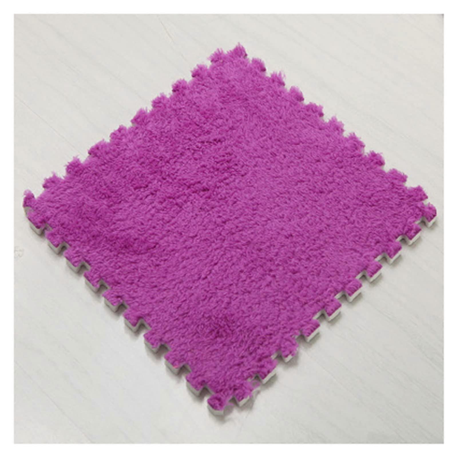 Interlocking carpet tiles, fluffy puzzle rugs, 9 tiles, puzzle mat, plush foam square doormat set in purple.