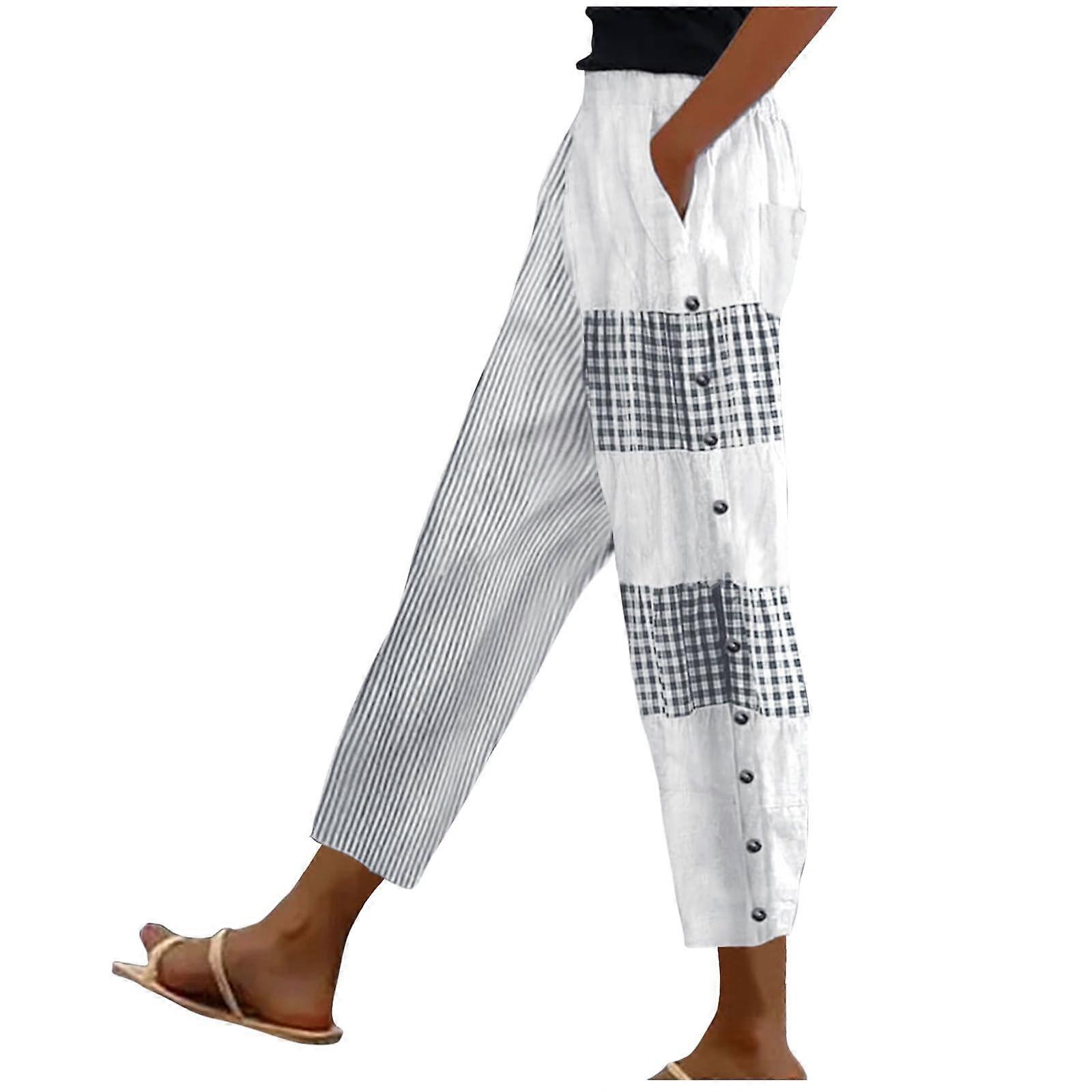 Women's Linen Pants Summer Checked Striped Patchwork Print Cropped Side Button