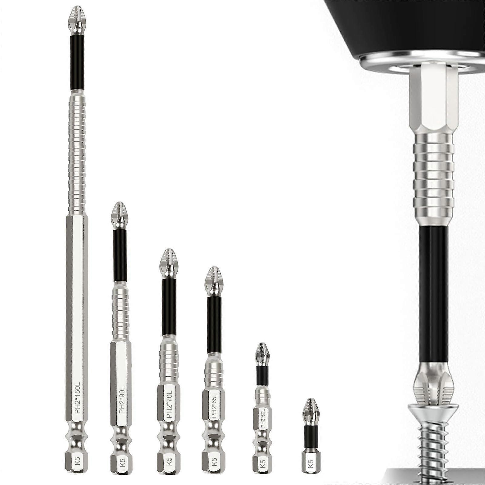 6 Piece High-Magnetic Screwdriver Drill Bit Set, Precision Cross Bits with Non-Slip Teeth, Universal Sizes 25-150 mm for Electric Drills