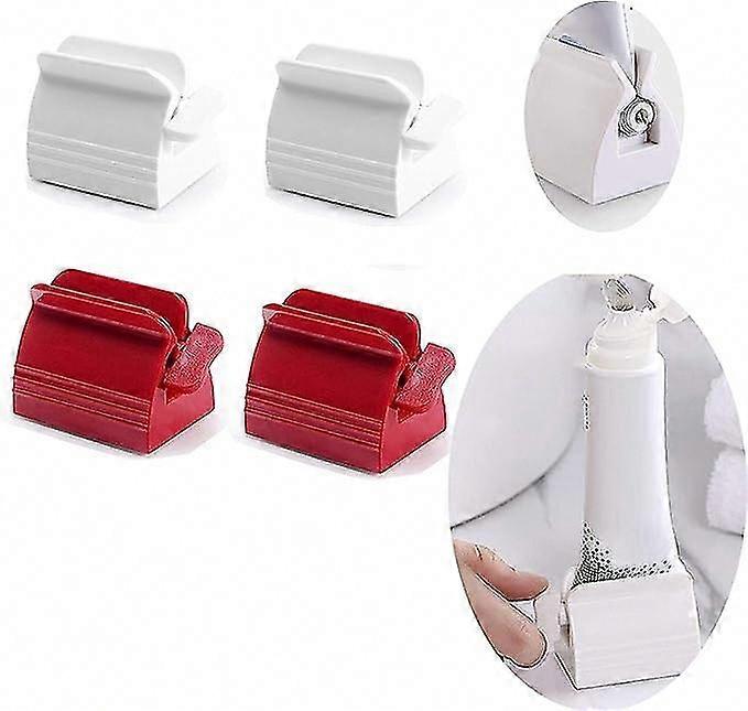 Rotating Toothpaste Dispenser for Bathroom, 4-Piece Squeeze Toothpaste Holder (White + Red)