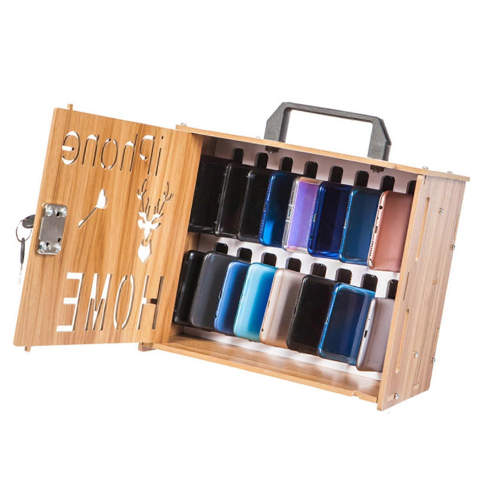 Creative locking for mobile devices,  wood construction, case with ergonomic handle, desk storage box