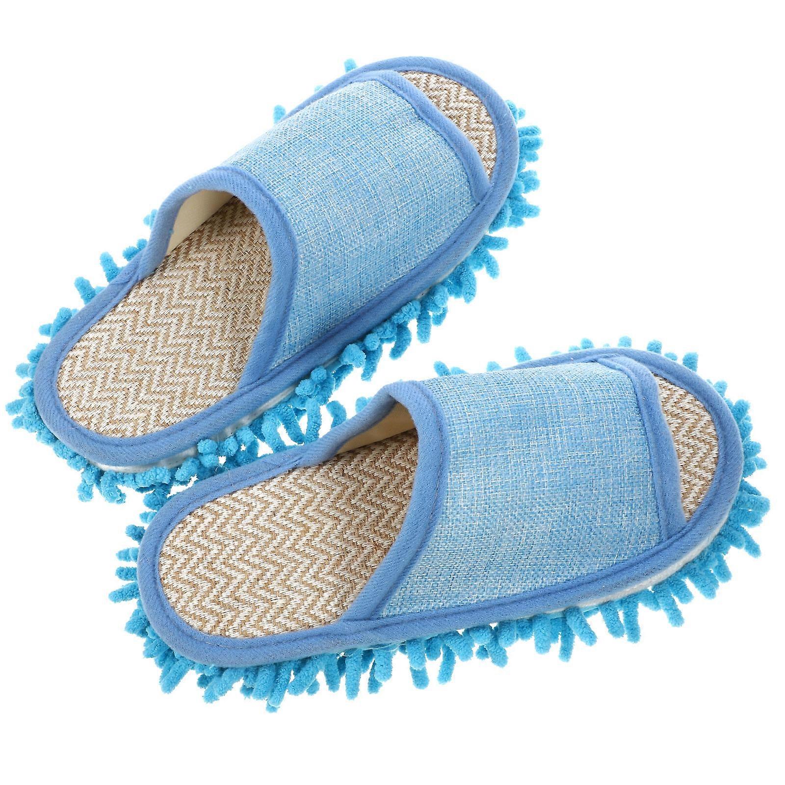 Blue Chenille Home Slippers for Indoor Use Lightweight and Comfortable with Floor Cleaning Feature