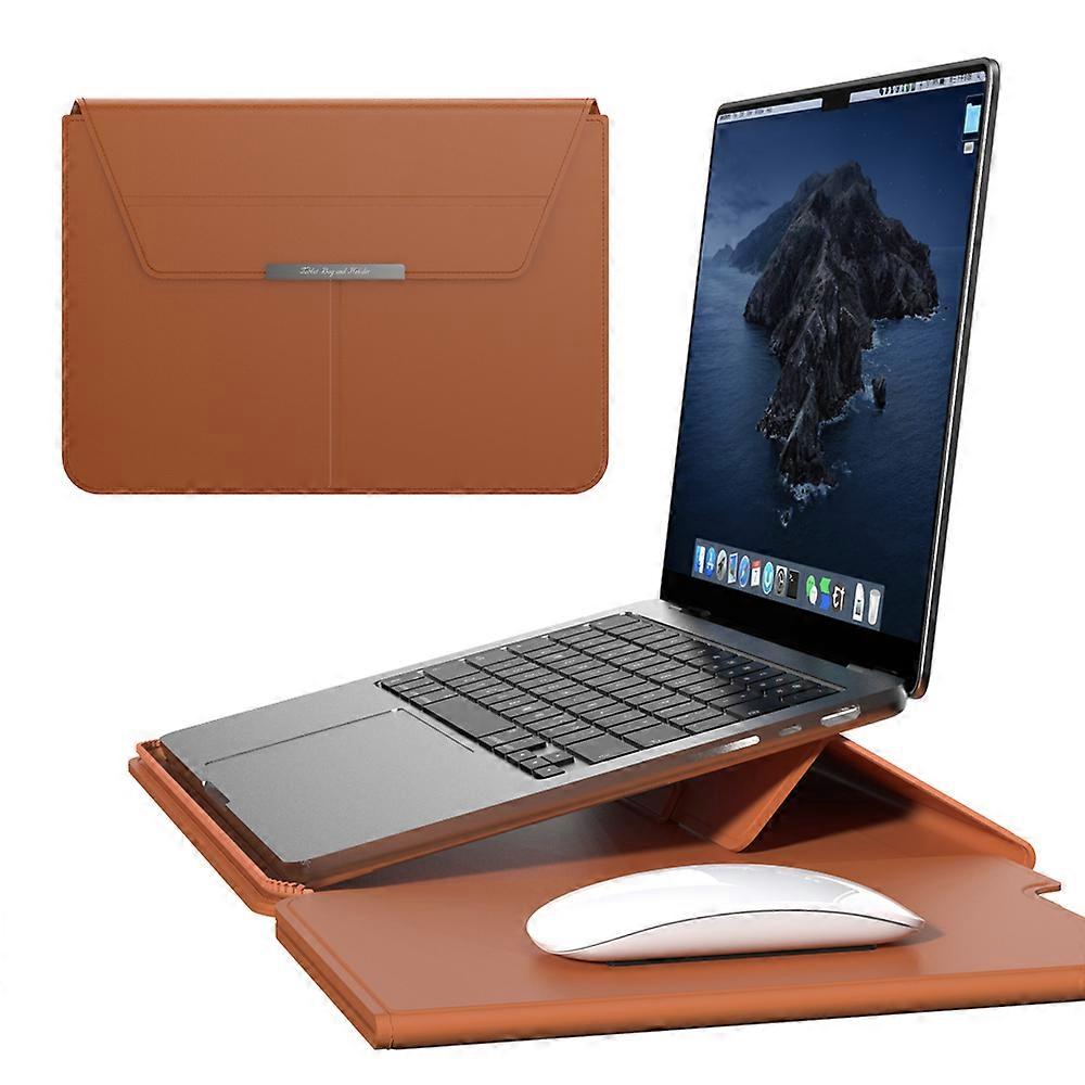 For 15 15.6 inch Laptop Sleeve with Stand PU Leather Detachable Case Protective Cover Brown