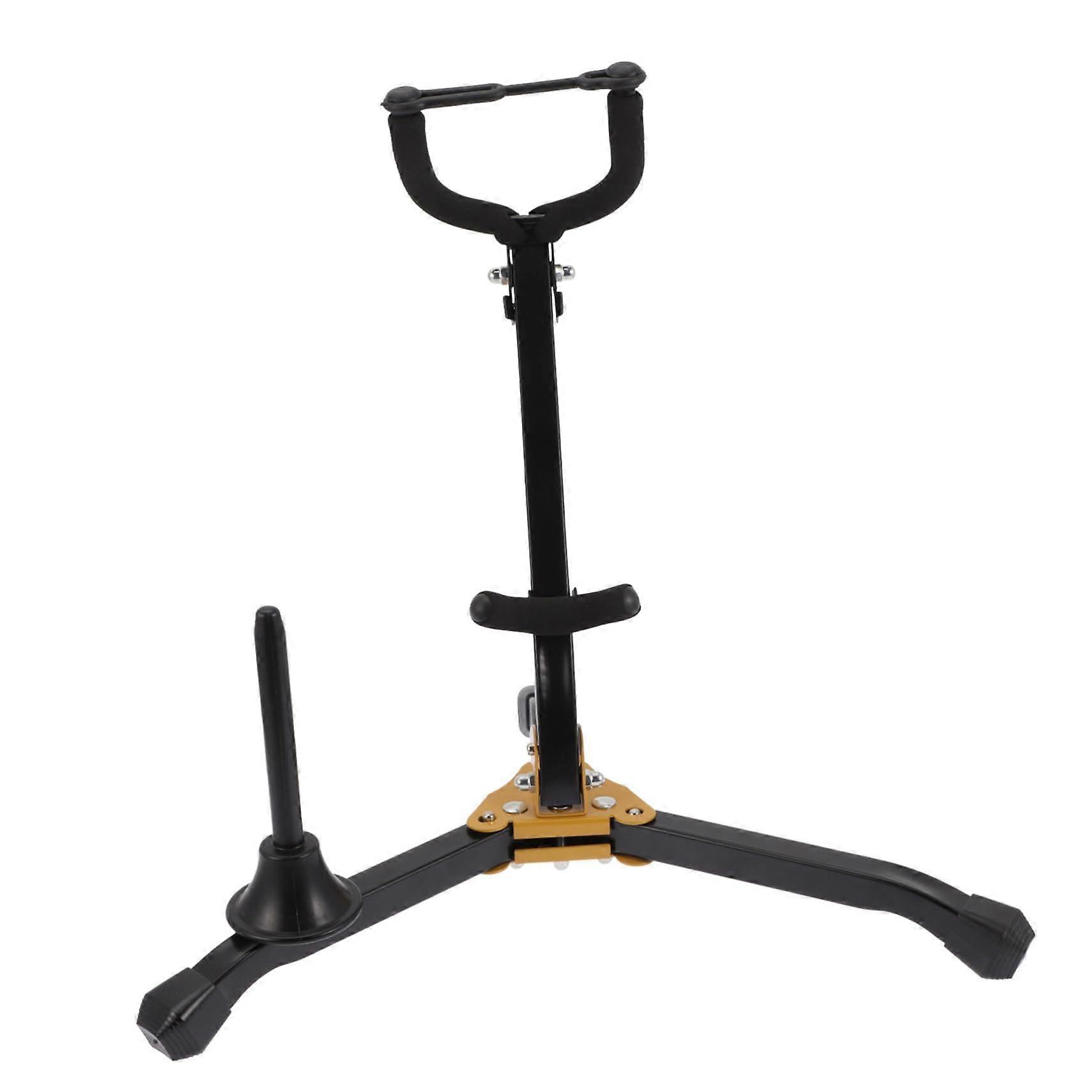 Foldable saxophone stand for adjustable tenor and alto saxophone, with foam padding for secure storage and display of wind instruments.
