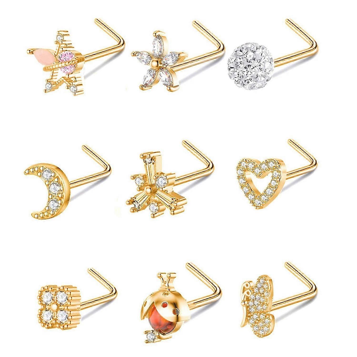 2025 Latest Model 9pcs Nose Studs Set Golden Stainless Steel L Shape Shiny Zir...
