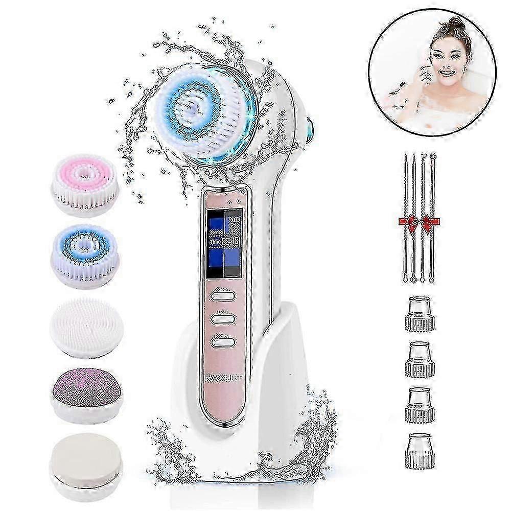 2-in-1 Facial Cleansing Brush with Blackhead Remover, Waterproof, Rechargeable, 5 Brush He