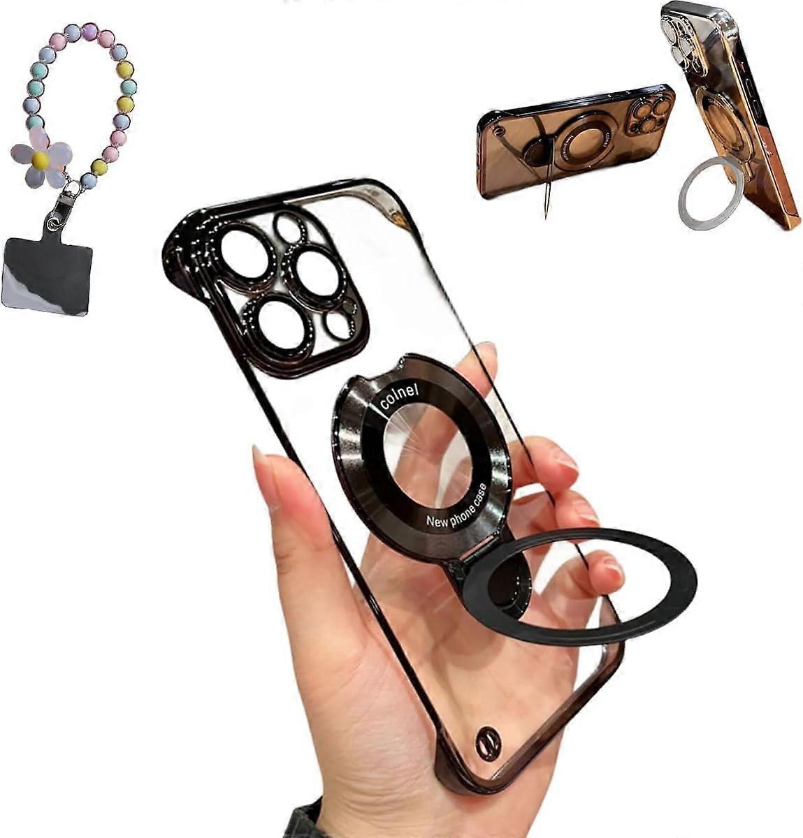 Frameless Magnetic Case for iPhone 12/13/14 Pro Max, Invisible Ring Stand, Thin Shockproof Translucent Design - Black