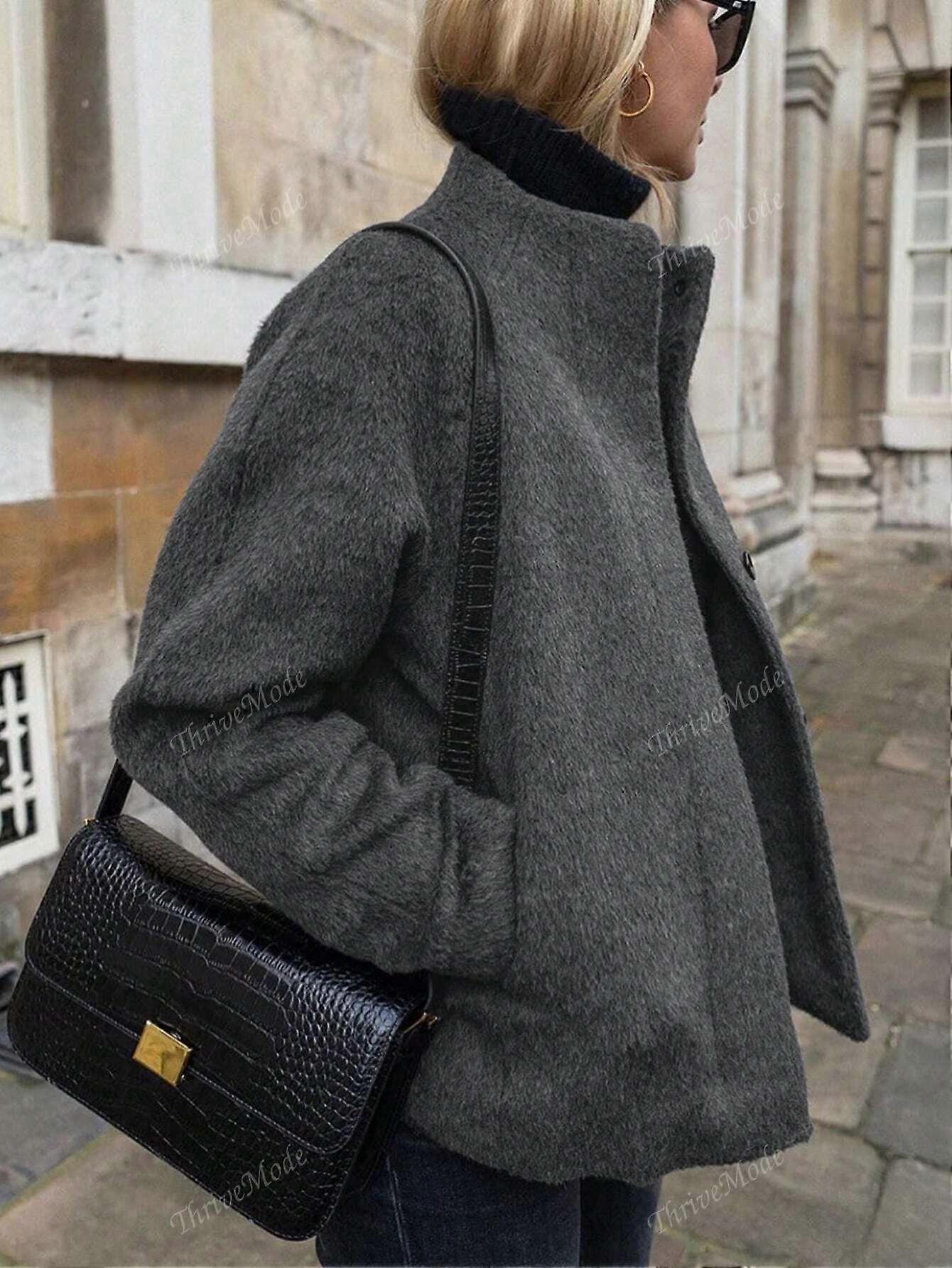 Dam höst-/vintermode enkel mångsidig kontorspendling fickor långärmad ullkappa, dam höst-/vinterjacka, dam ytterkläder, casual