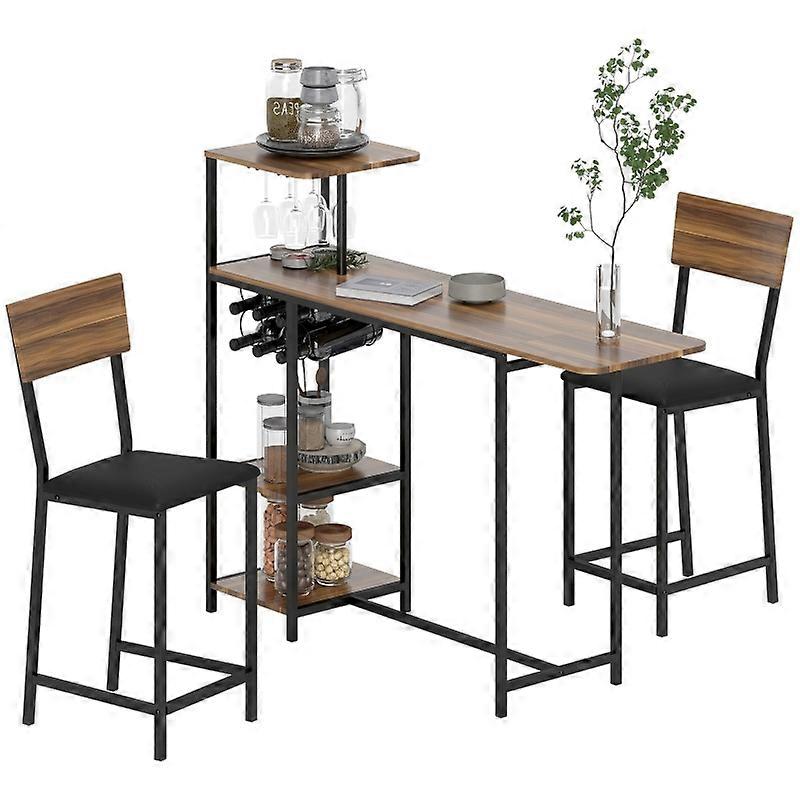 Modern 3 Piece Bar Table Set Foldable Wine Rack 2 Stools Brown