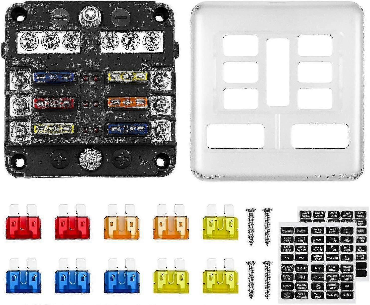 6 Way 12v Fuse Box 32v 100a Fuse Holder With 10 Fuses 6 Led Indicators Protective Cover + 2 Pcs Stickers For Car Boat