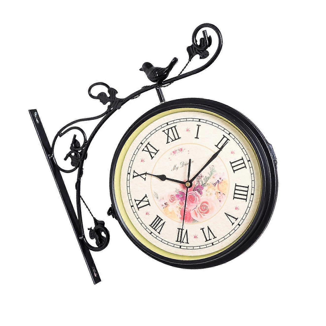 Maalaismainen kaksipuolinen taottu rautainen antiikkinen seinäkello, hiljainen toiminta