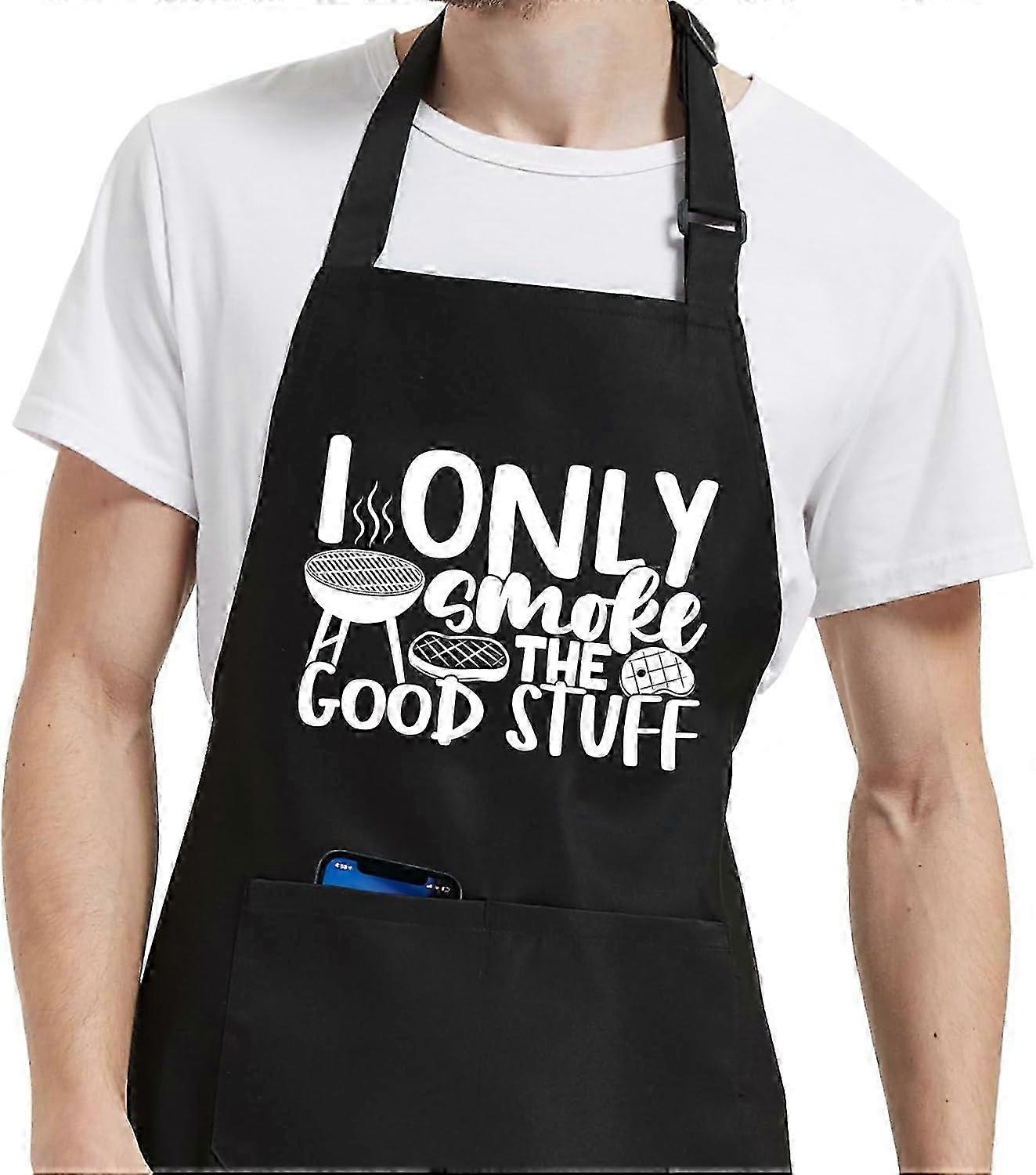 25-26 New I Only Smoke the Good Stuff Funny Aprons for Men with Pockets, Adjustable Mens Apron for Grillin